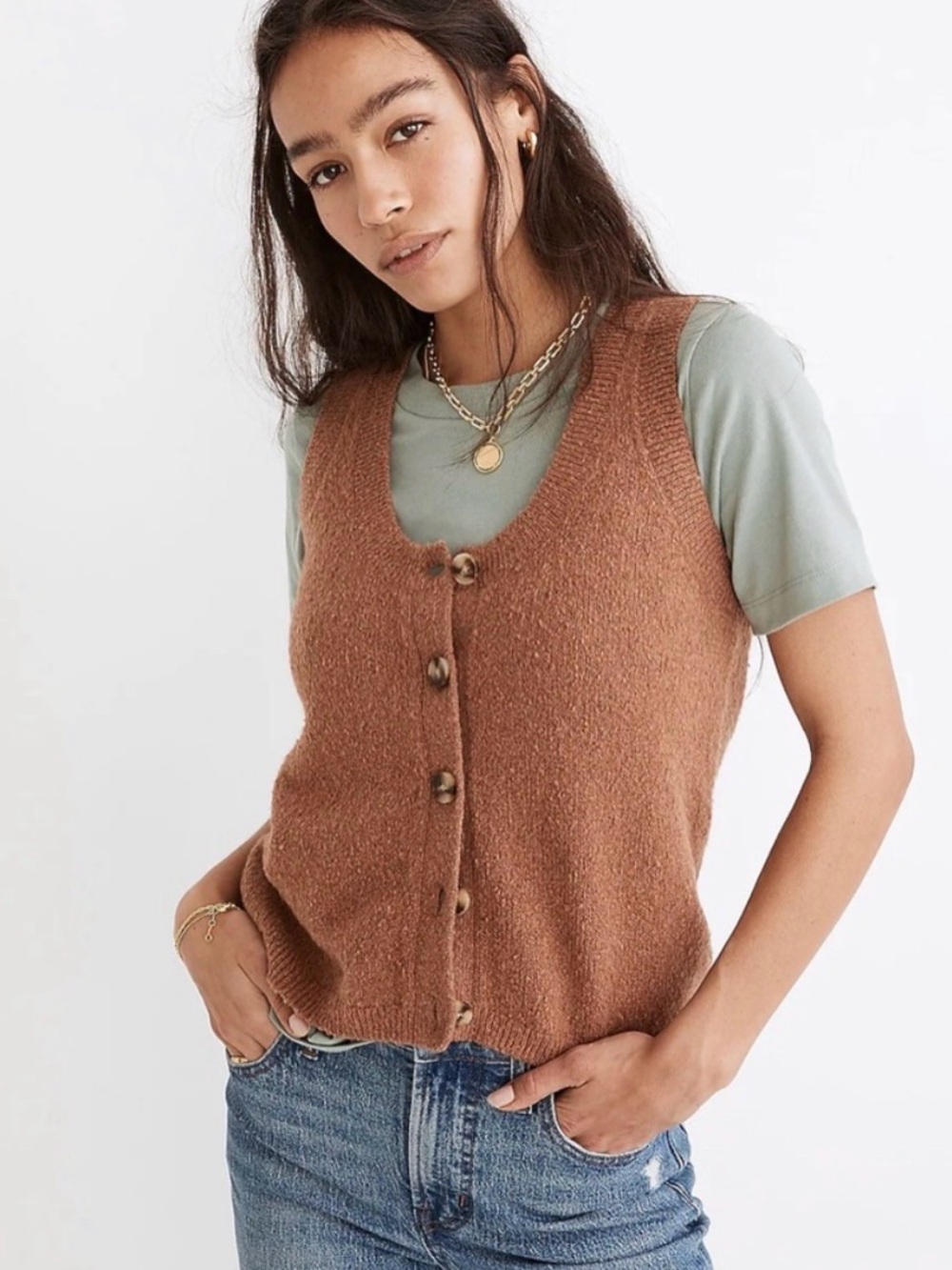Madewell Kneale Chestnut Brown Sleeveless Button-Front Knit Vest